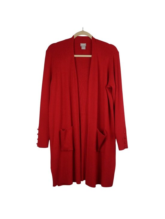 Chico's Sweaters - Chicos 1 M Open Front Red Long Ribbed Cardigan Sweater Button Cuff Pockets
